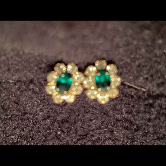 Costume Gold tone “Diamond and Emerald” Earrings - Picture 3 of 5